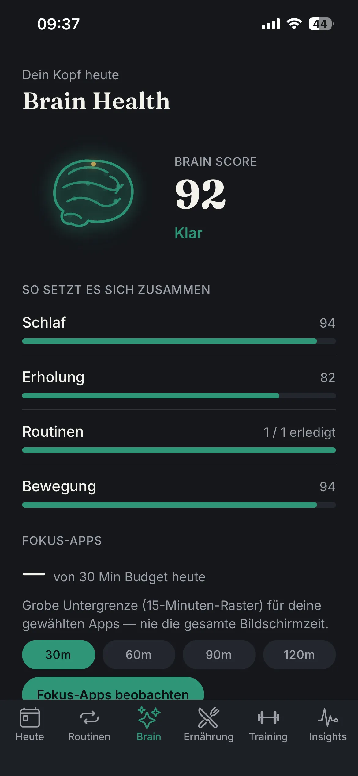 Brain Health score with focus-app budget and screen-time awareness